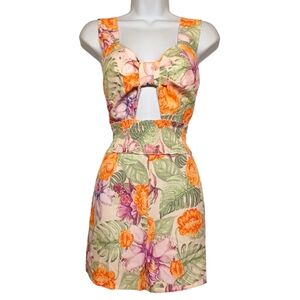 SHEIN Purple Orange Floral Green Leaf Print Smocked Sleeveless Tropical Romper M